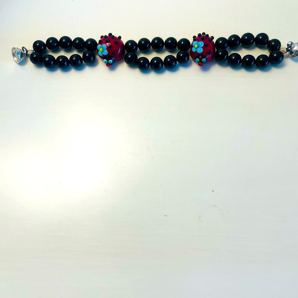 Black Onyx Bracelet with Lady Bugs Handmade One of a Kind  NWT